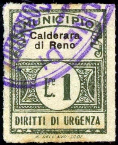 Marca da Bollo del Comune di CALDERARA DI RENO su Carta Bianca di dimensioni 22 x 29 mm