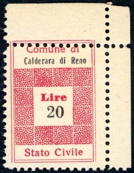 Marca da Bollo del Comune di CALDERARA DI RENO su Carta Bianca di dimensioni 20 x 28,5 mm