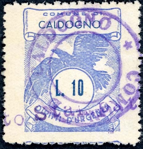 Marca da Bollo del Comune di CALDOGNO su Carta Bianca di dimensioni 22,5 x 28 mm