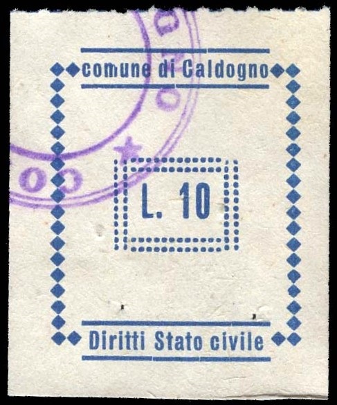Marca da Bollo del Comune di CALDOGNO su Carta Bianca di dimensioni 22 x 26 mm