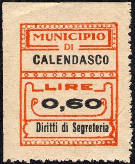 Marca da Bollo del Comune di CALENDASCO su Carta Bianca di dimensioni 23 x 29 mm