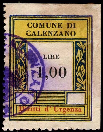 Marca da Bollo del Comune di CALENZANO su Carta Bianca di dimensioni 23 X 30 mm