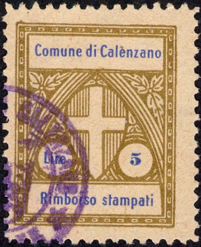 Marca da Bollo del Comune di CALENZANO su Carta Bianca di dimensioni 21,5 x 27 mm