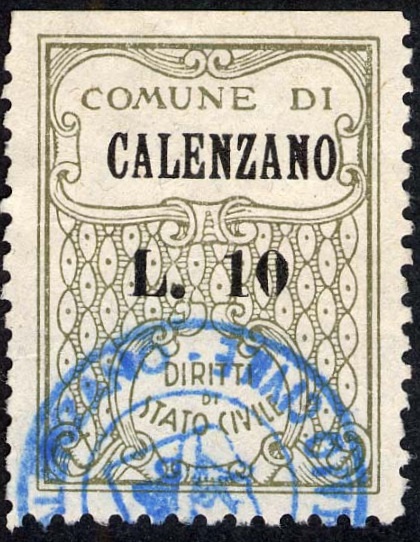 Marca da Bollo del Comune di CALENZANO su Carta Bianca di dimensioni 22,5 x 29 mm