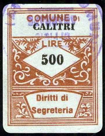 Marca da Bollo del Comune di CALITRI su Carta Bianca di dimensioni 21,5 x 28,5 mm