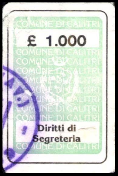 Marca da Bollo del Comune di CALITRI su Carta Bianca di dimensioni 22 x 33,5 mm