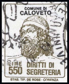Marca da Bollo del Comune di CALOVETO su Carta Bianca di dimensioni 16,5 x 21 mm