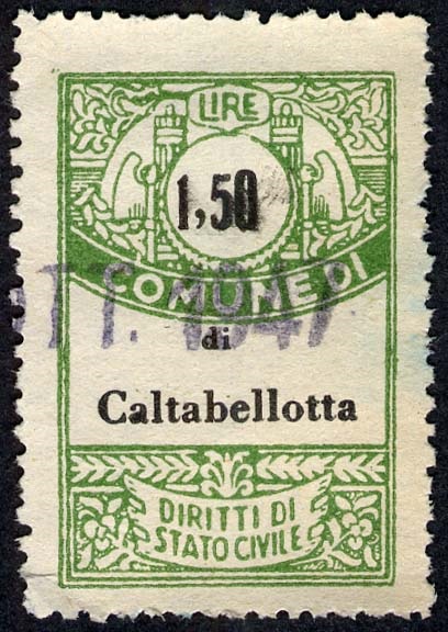 Marca da Bollo del Comune di CALTABELLOTTA su Carta Bianca di dimensioni 22,5 X 33 mm