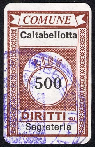 Marca da Bollo del Comune di CALTABELLOTTA su Carta Bianca di dimensioni 20 x 31 mm