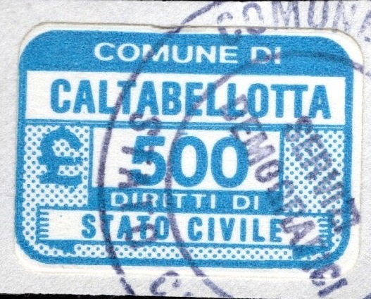 Marca da Bollo del Comune di CALTABELLOTTA su Carta Bianca di dimensioni 20 x 13,5 mm