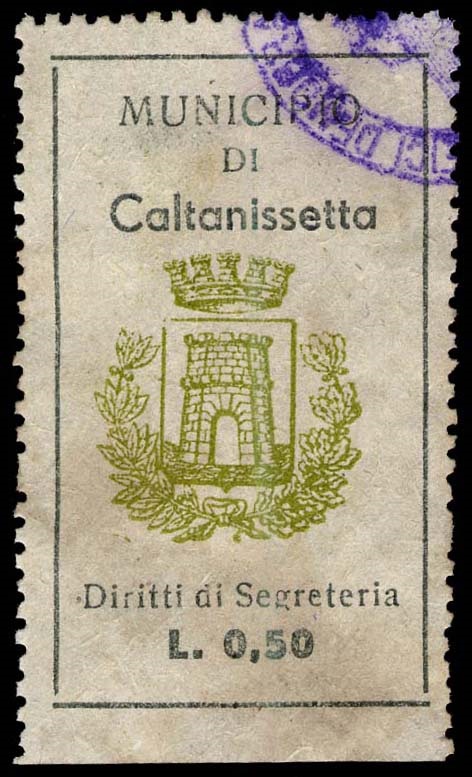 Marca da Bollo del Comune di CALTANISSETTA su Carta Bianca di dimensioni 21 x 40 mm