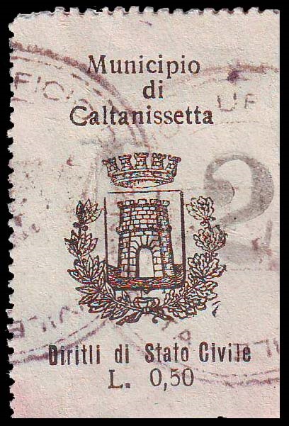 Marca da Bollo del Comune di CALTANISSETTA su Carta Bianca di dimensioni 21 x 40 mm