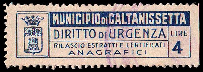 Marca da Bollo del Comune di CALTANISSETTA su Carta Bianca di dimensioni 47,5 x 13 mm