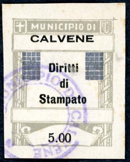 Marca da Bollo del Comune di CALVENE su Carta Bianca di dimensioni 25 x 30,5 mm