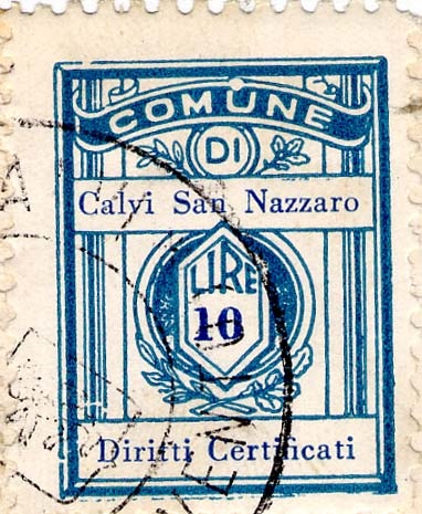 Marca da Bollo del Comune di CALVI (CALVI SAN NAZZARO) su Carta Bianca di dimensioni 21 x 28 mm