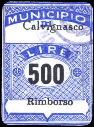Marca da Bollo del Comune di CALVIGNASCO su Carta Bianca di dimensioni 22 x 29,5 mm