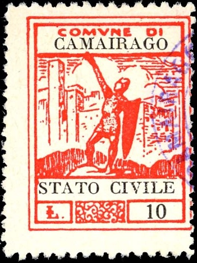 Marca da Bollo del Comune di CAMAIRAGO su Carta Bianca di dimensioni 22,5 x 29,5 mm