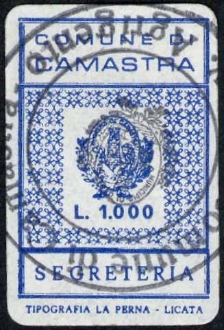 Marca da Bollo del Comune di CAMASTRA su Carta Bianca di dimensioni 16 x 28,5 mm