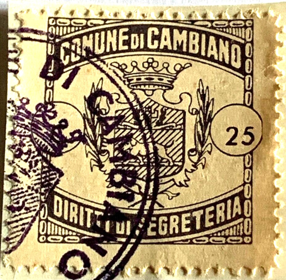 Marca da Bollo del Comune di CAMBIANO su Carta Bianca di dimensioni 25 x 25 mm