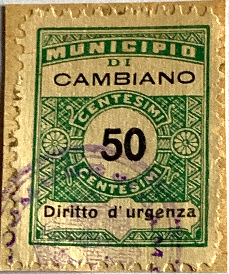 Marca da Bollo del Comune di CAMBIANO su Carta Bianca di dimensioni 22 x 28 mm