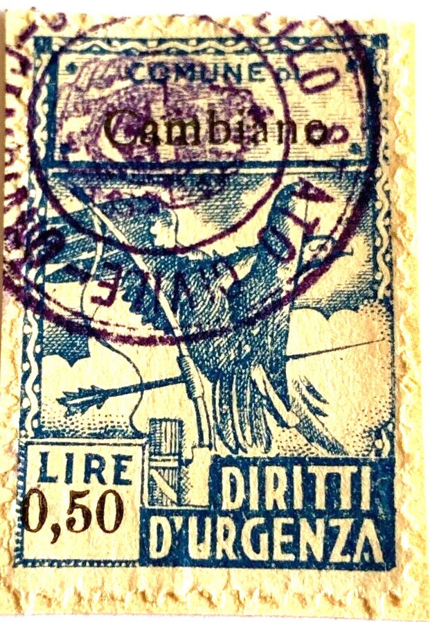 Marca da Bollo del Comune di CAMBIANO su Carta Bianca di dimensioni 27 X 36 mm