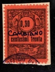 Marca da Bollo del Comune di CAMBIANO su Carta Bianca di dimensioni 23,5 X 30,5 mm