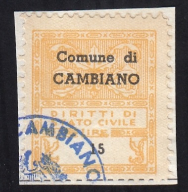 Marca da Bollo del Comune di CAMBIANO su Carta Bianca di dimensioni 22 x 25,5 mm