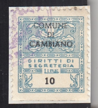 Marca da Bollo del Comune di CAMBIANO su Carta Bianca di dimensioni 22 x 25,5 mm