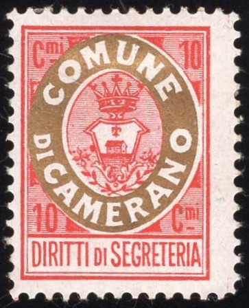 Marca da Bollo del Comune di CAMERANO su Carta Bianca di dimensioni 19 x 25,5 mm