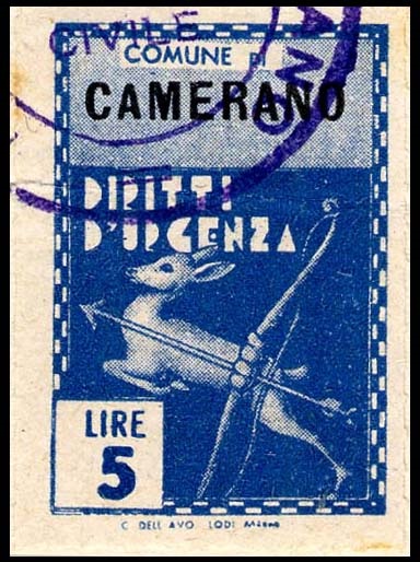 Marca da Bollo del Comune di CAMERANO su Carta Bianca Sottile di dimensioni 21,5 x 32,5 mm