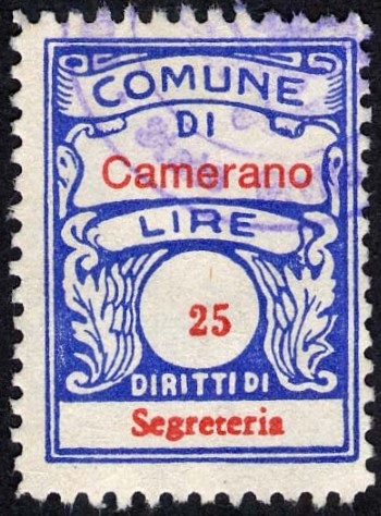 Marca da Bollo del Comune di CAMERANO su Carta Bianca di dimensioni 22,5 x 29 mm