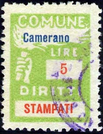 Marca da Bollo del Comune di CAMERANO su Carta Bianca di dimensioni 18,5 x 26 mm