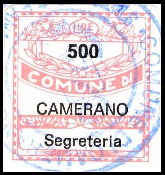 Marca da Bollo del Comune di CAMERANO su Carta Bianca di dimensioni 19 x 21 mm