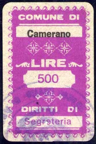 Marca da Bollo del Comune di CAMERANO su Carta Bianca di dimensioni 19,5 x 32 mm