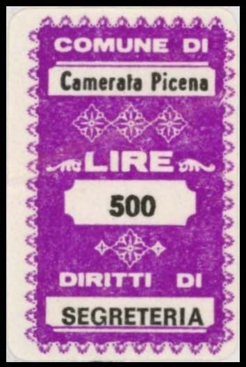 Marca da Bollo del Comune di CAMERATA PICENA su Carta Bianca di dimensioni 19 x 31,5 mm