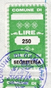 Marca da Bollo del Comune di CAMERATA PICENA su Carta Bianca di dimensioni 20 x 32 mm