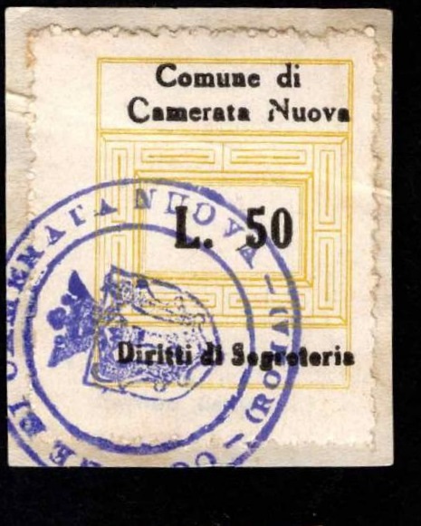 Marca da Bollo del Comune di CAMERATA NUOVA su Carta Bianca di dimensioni 22 x 29 mm