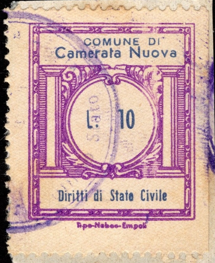 Marca da Bollo del Comune di CAMERATA NUOVA su Carta Bianca di dimensioni 22 x 29 mm