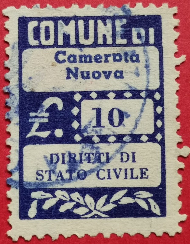 Marca da Bollo del Comune di CAMERATA NUOVA su Carta Bianca di dimensioni 21 X 27 mm
