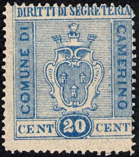 Marca da Bollo del Comune di CAMERINO su Carta Bianca di dimensioni 26 x 30 mm