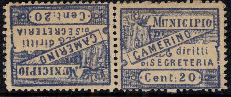 Marca da Bollo del Comune di CAMERINO su Carta Bianca Sottile di dimensioni 26,5 x 21,5 mm