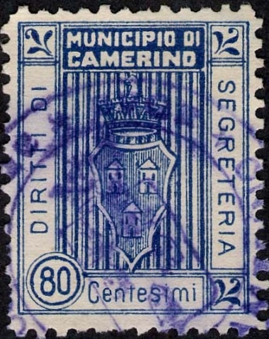 Marca da Bollo del Comune di CAMERINO su Carta Bianca di dimensioni 22 x 29 mm