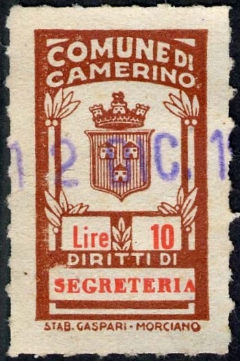Marca da Bollo del Comune di CAMERINO su Carta Bianca di dimensioni 17 x 28 mm
