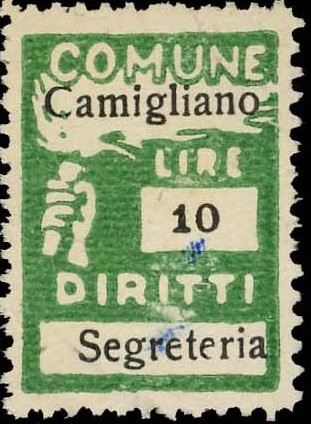 Marca da Bollo del Comune di CAMIGLIANO su Carta Bianca Sottile di dimensioni 18,5 x 26 mm
