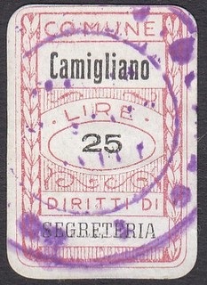 Marca da Bollo del Comune di CAMIGLIANO su Carta Bianca di dimensioni 20 x 30 mm