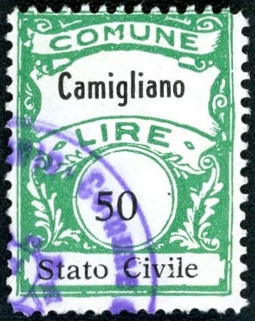 Marca da Bollo del Comune di CAMIGLIANO su Carta Bianca Sottile di dimensioni 22,5 x 29 mm