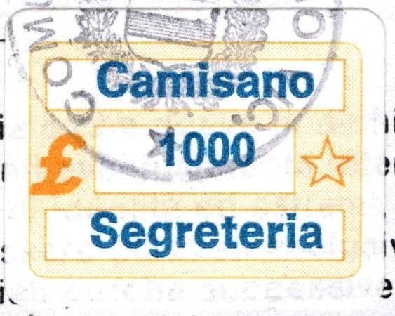 Marca da Bollo del Comune di CAMISANO su Carta Bianca di dimensioni 22 x 14 mm