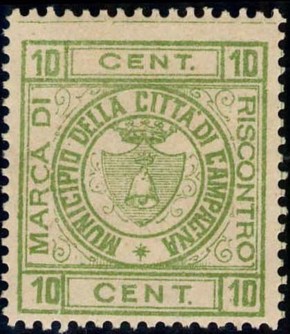Marca da Bollo del Comune di CAMPAGNA su Carta Bianca di dimensioni 24,5 x 27 mm