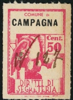 Marca da Bollo del Comune di CAMPAGNA su Carta Bianca di dimensioni 21,5 x 31 mm
