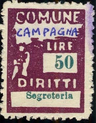 Marca da Bollo del Comune di CAMPAGNA su Carta Bianca di dimensioni 18,5 x 25,5 mm